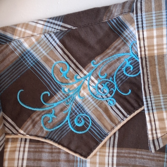 Roper Embroidered Plaid Snap Front Western Blouse Sz Large Turquoise Brown - Picture 4 of 10